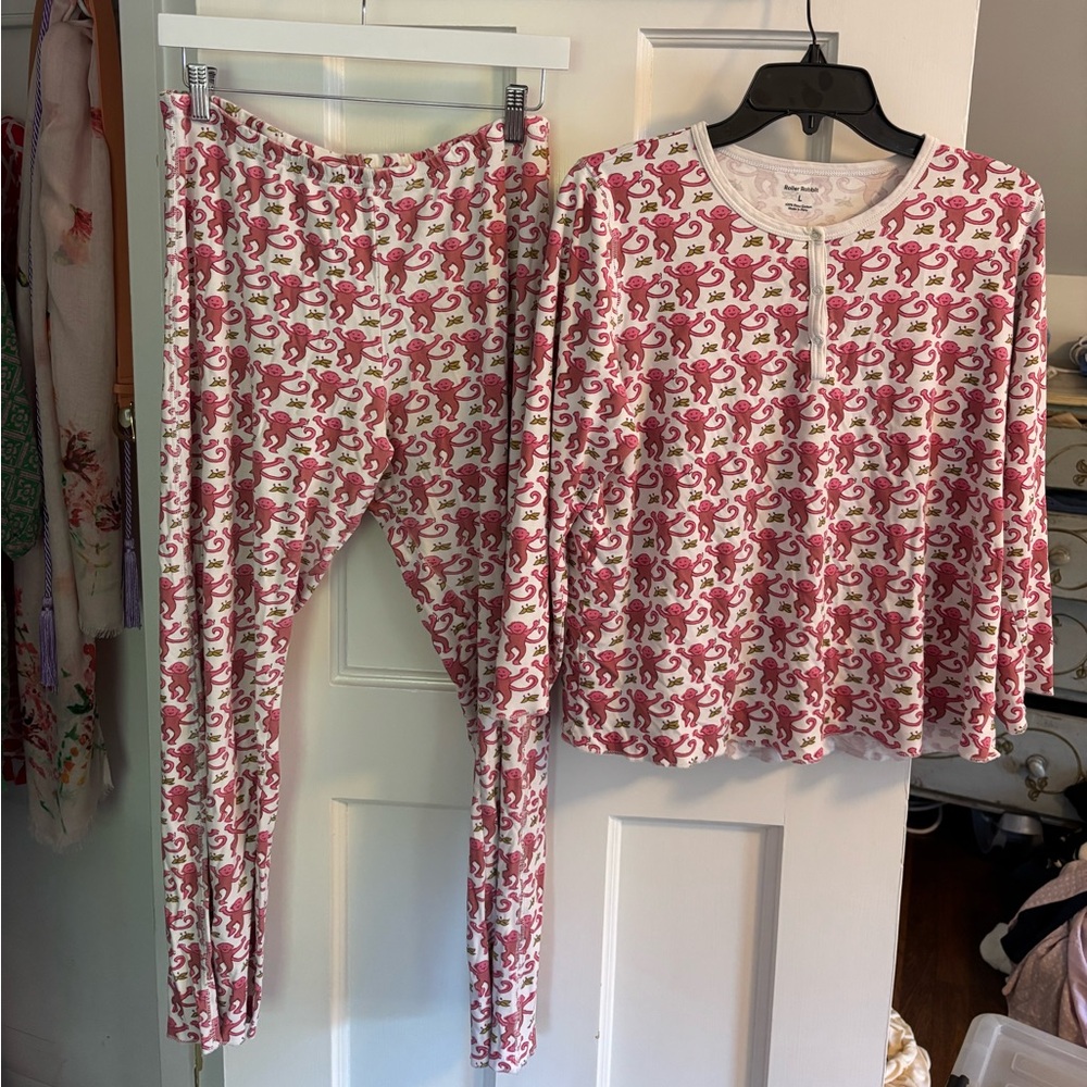 Roller Rabbit Pink and White Monkey Long Sleeve Pajama Set